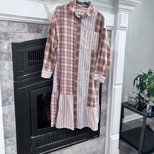 Umgee Patchwork Plaid & Stripe Shirt Dress in Brown and Cream